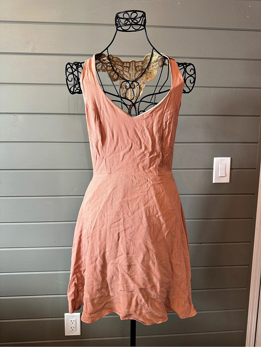 SOLEMIO Coral Pink crochet Lace back/Neck Mini Dress